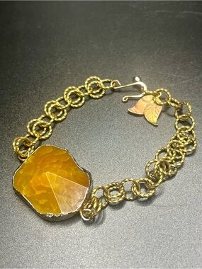 Natural faceted agate slice bracelet gold tone chain boho statement bracelet